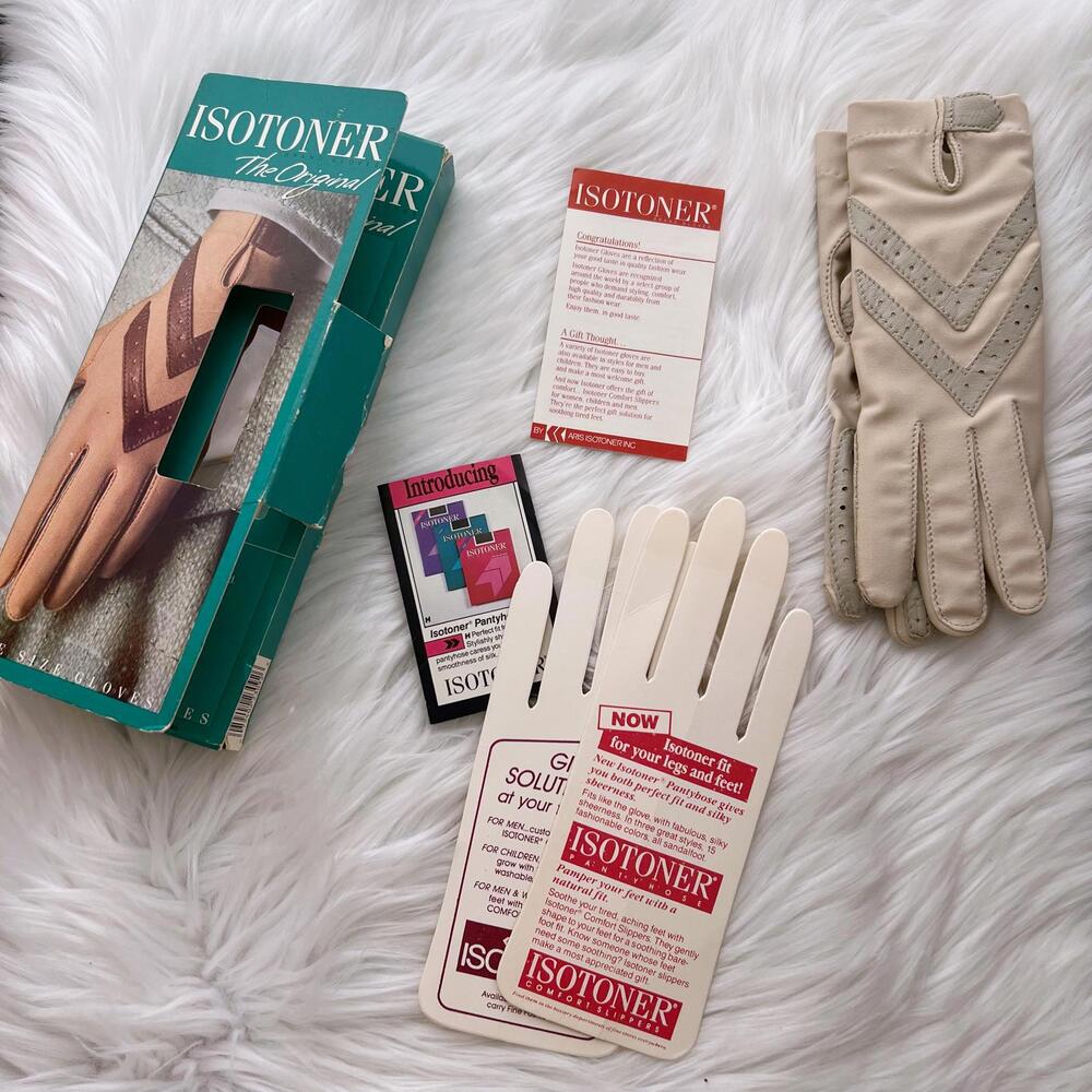 Vintage Isotoner Bone one size gloves leather trimmed stretch - Picture 4 of 7